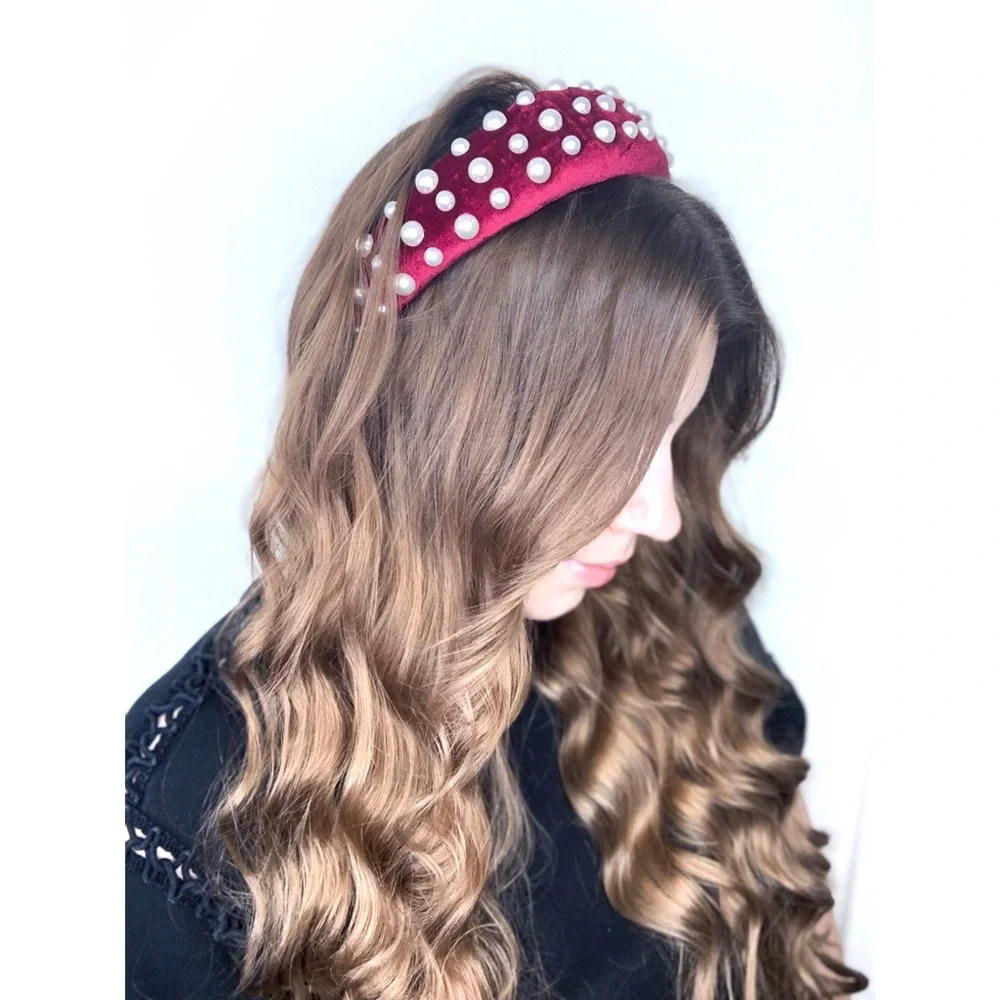 Magenta Velvet Pearled Padded Fashion Headband Bloggers Favorite - Picture 1 of 4